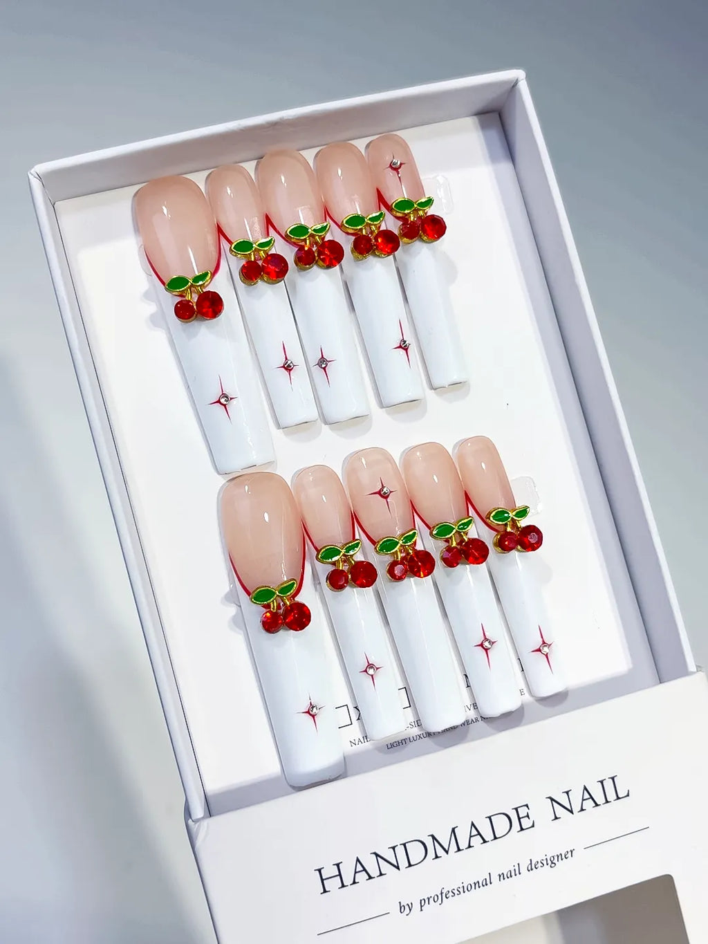 M037 - Long White Red Square Floral Cherry