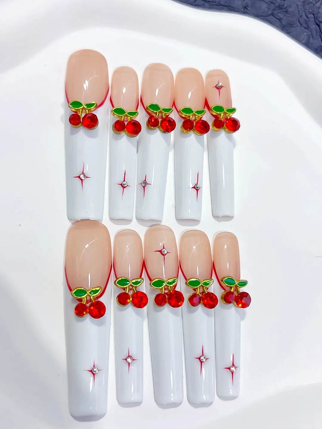 M037 - Long White Red Square Floral Cherry