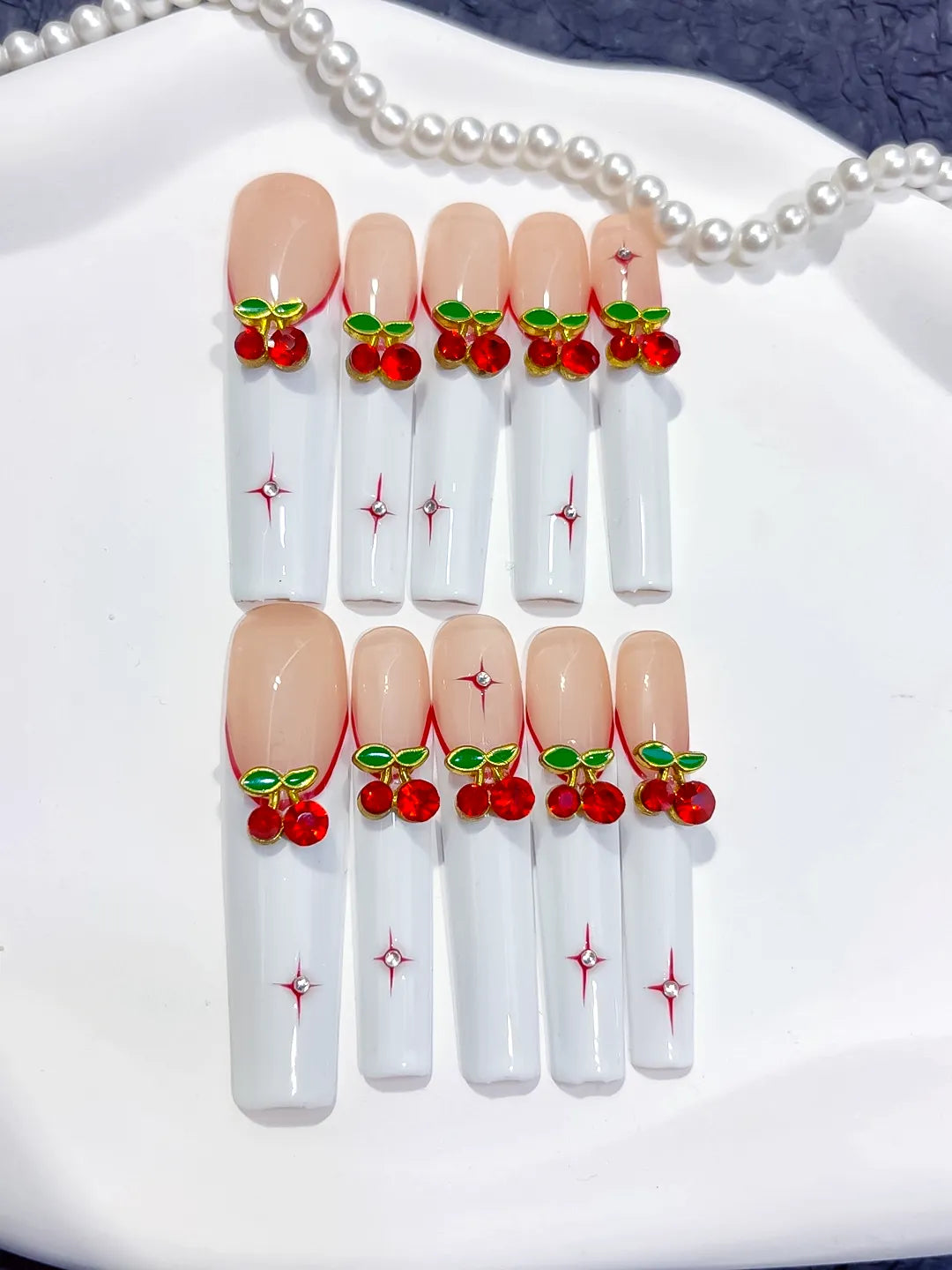 M037 - Long White Red Square Floral Cherry