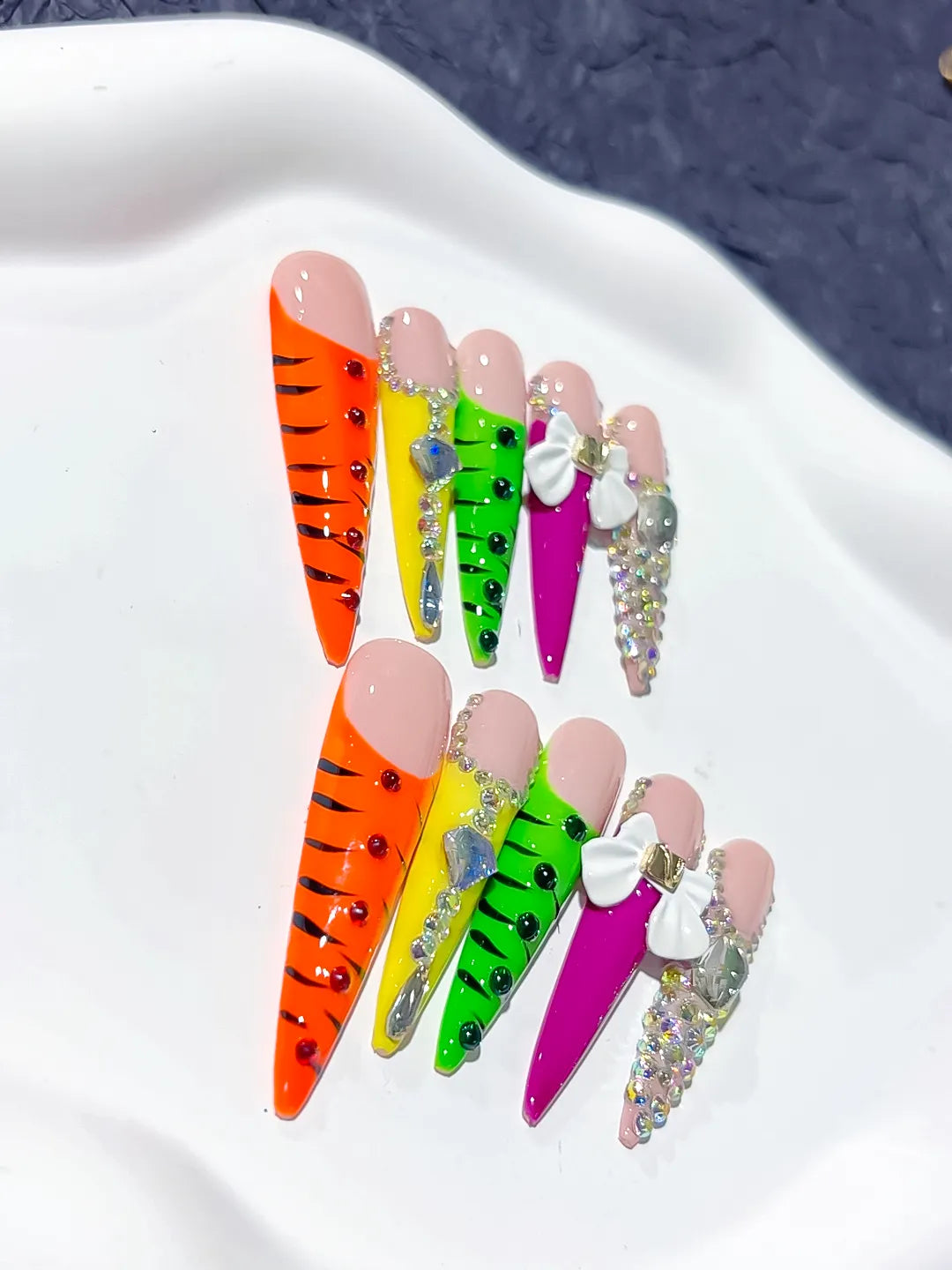 M039 - Long Orange Green Stiletto Abstract Flower 3D