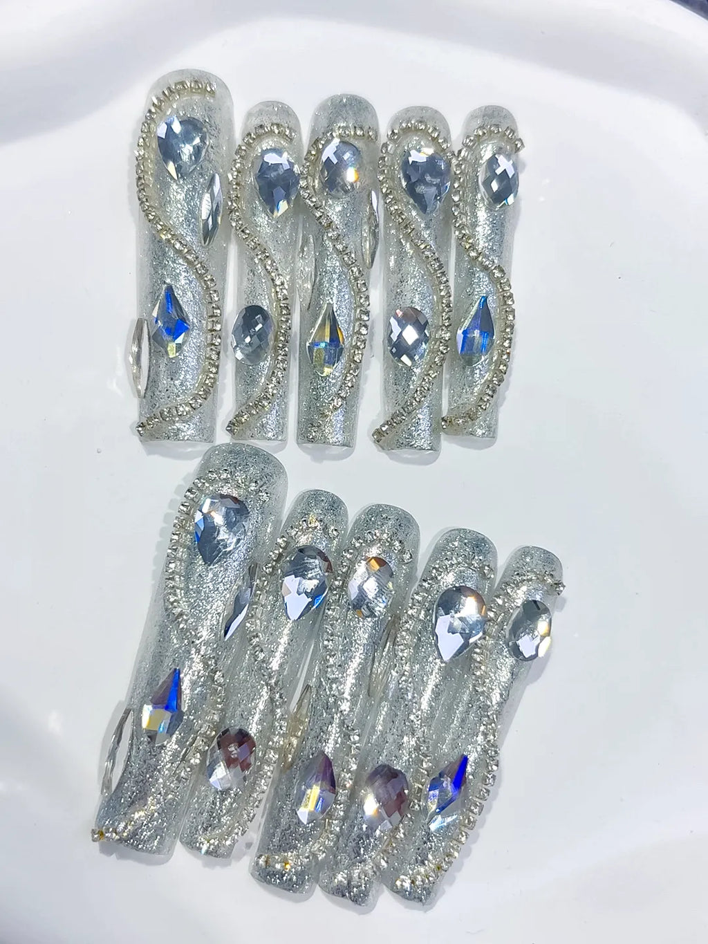 M040 - Long Silver Square Solid color Rhinestone Crystal Cluster