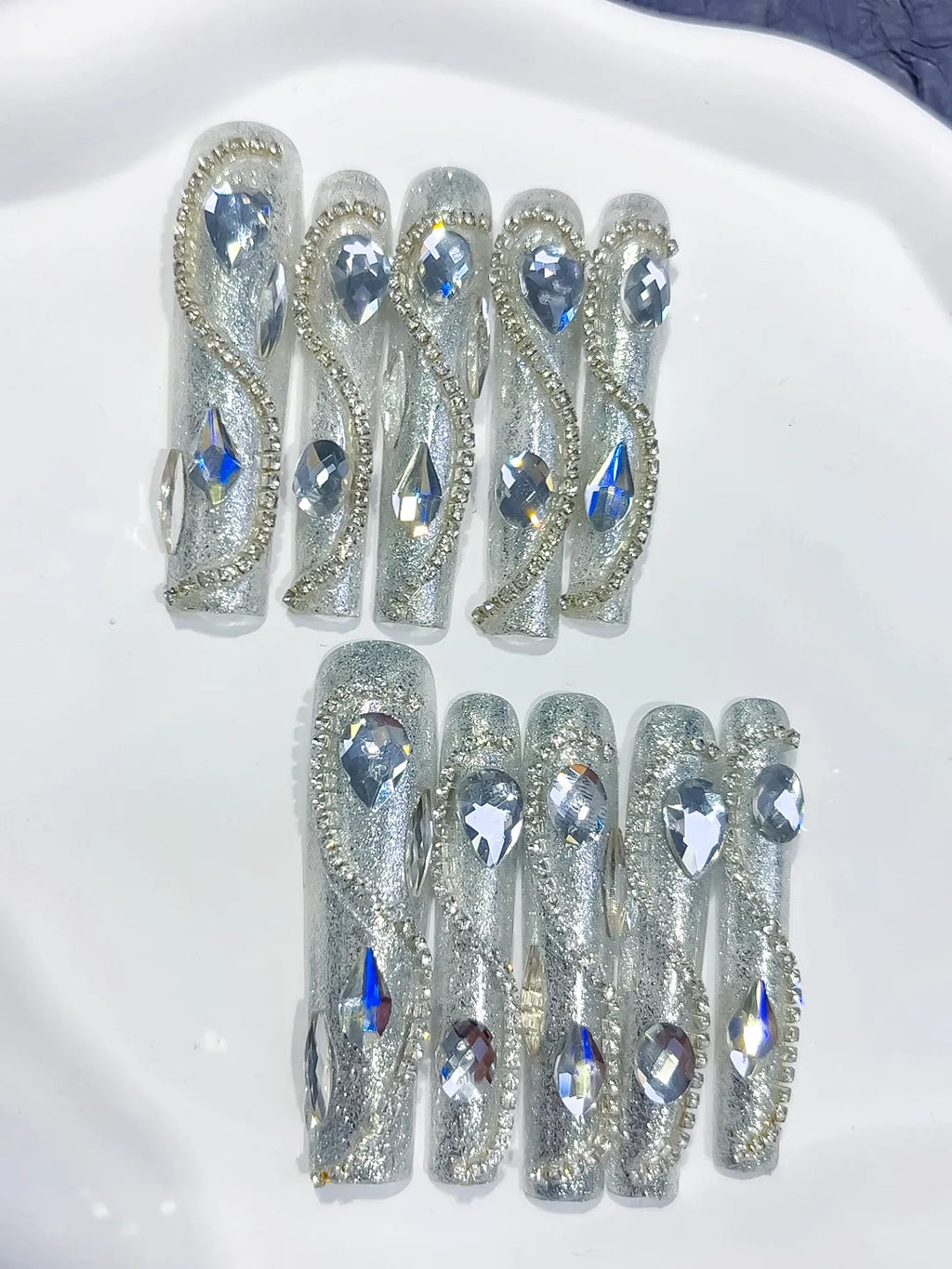 M040 - Long Silver Square Solid color Rhinestone Crystal Cluster