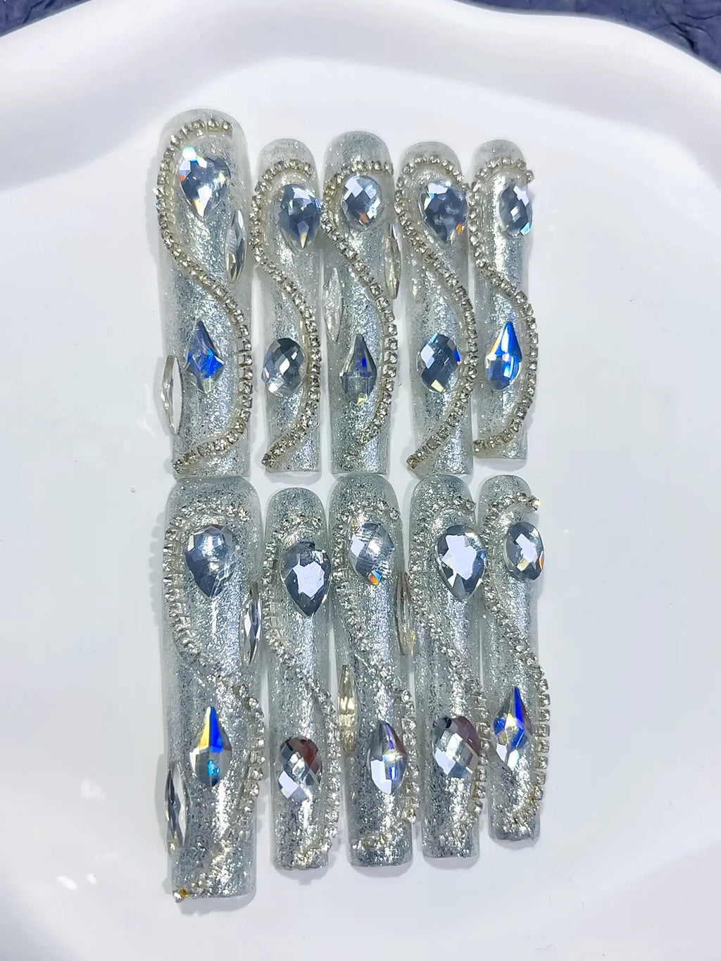 M040 - Long Silver Square Solid color Rhinestone Crystal Cluster