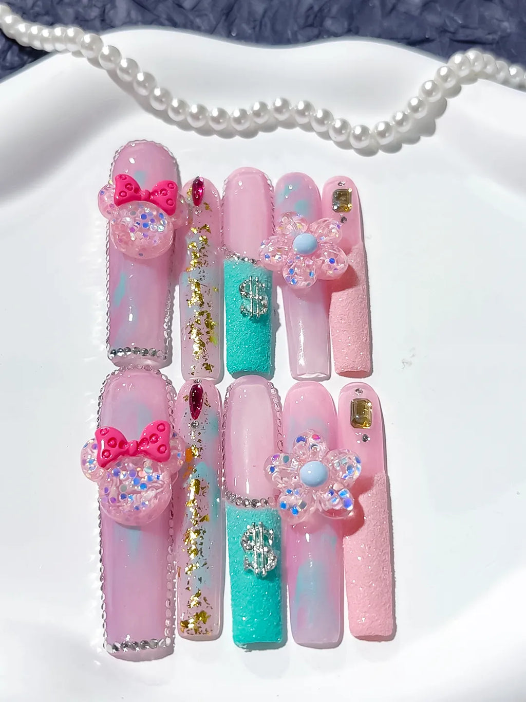 M041 - Long Pink White Square Solid color Bow Pearls