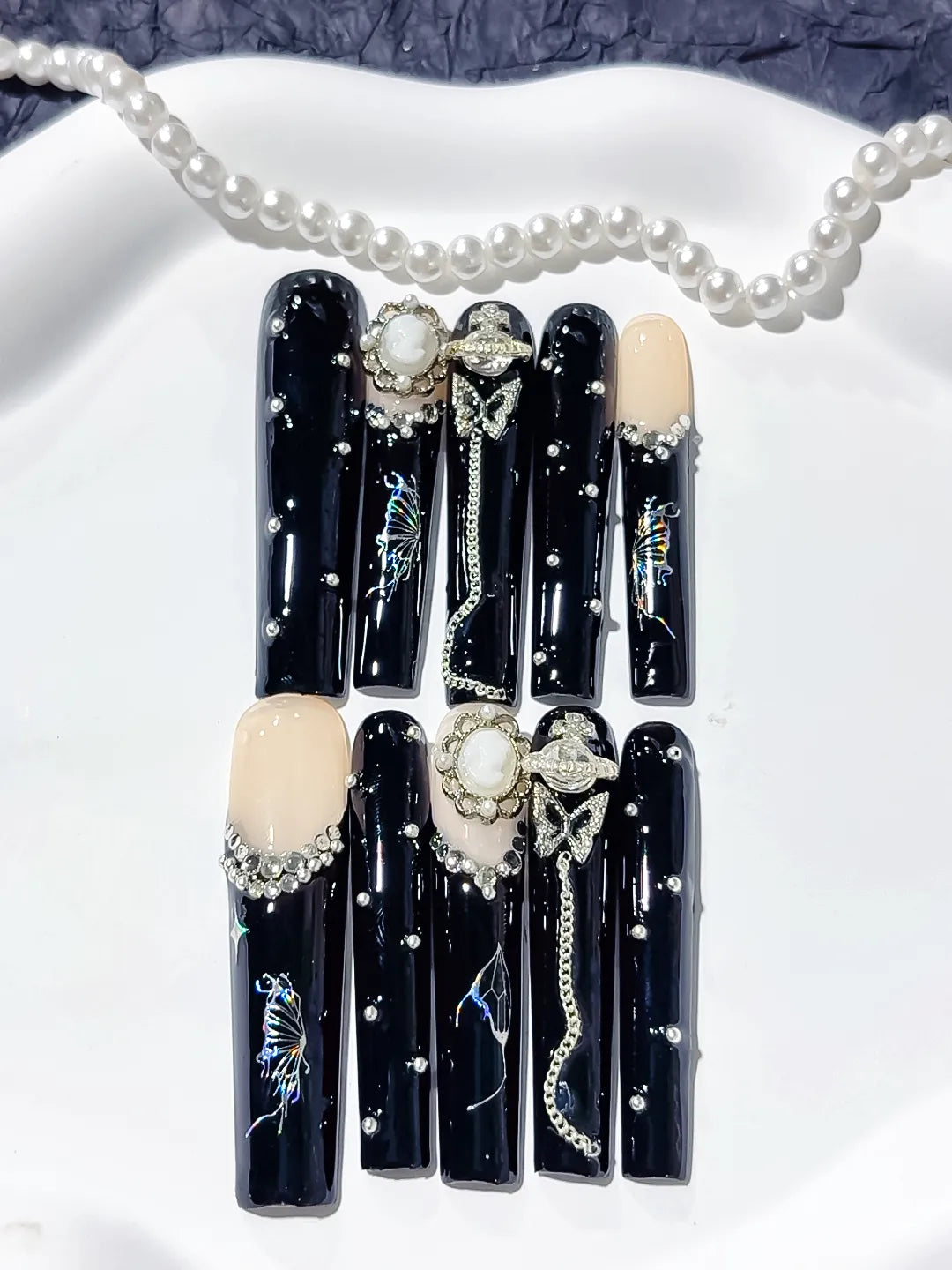 M044 - Long Black Silver Square Abstract Swirl Rhinestone