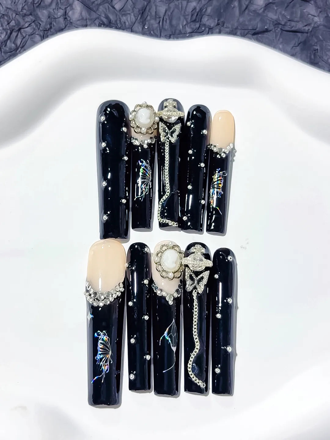 M044 - Long Black Silver Square Abstract Swirl Rhinestone