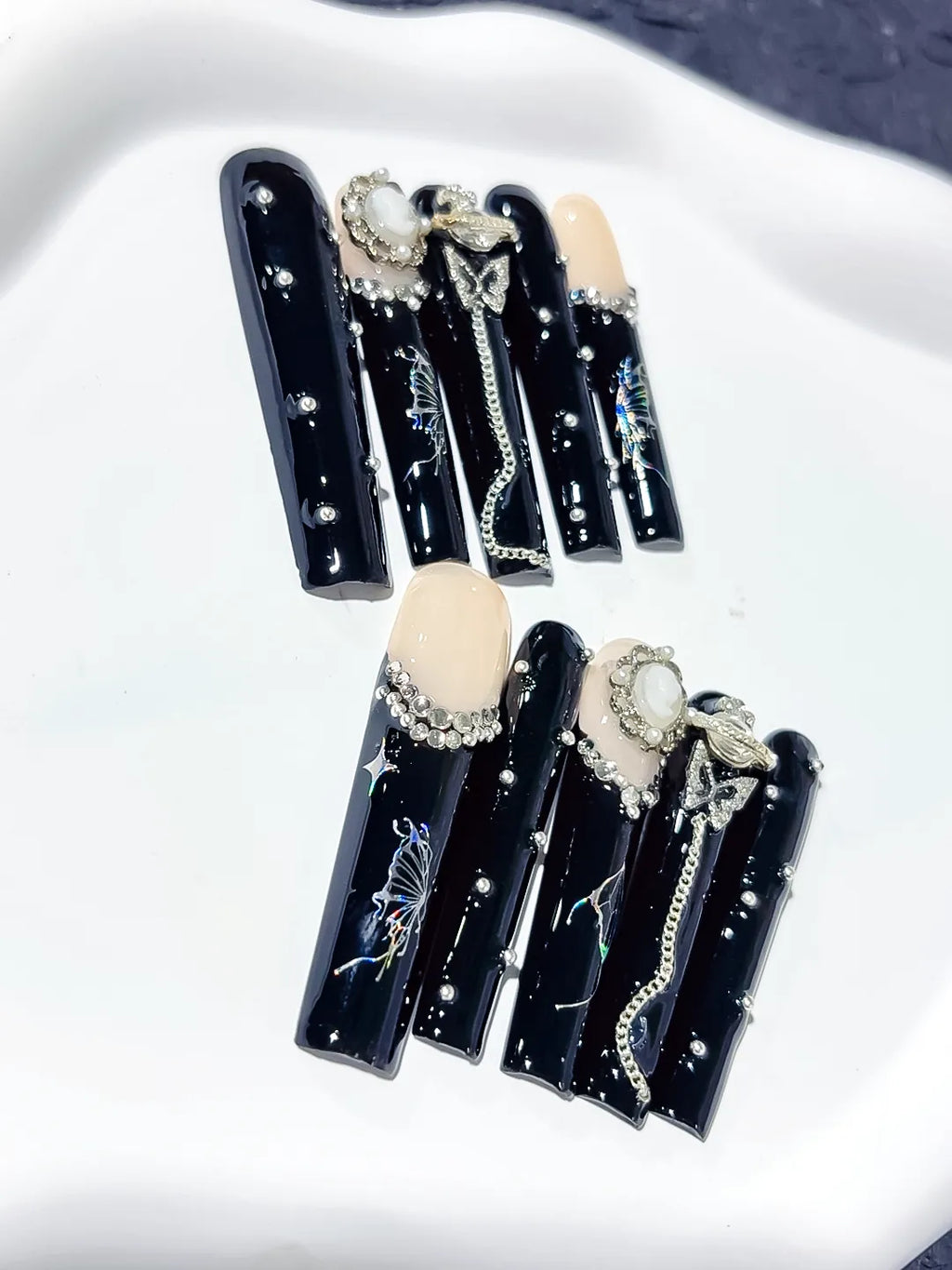 M044 - Long Black Silver Square Abstract Swirl Rhinestone