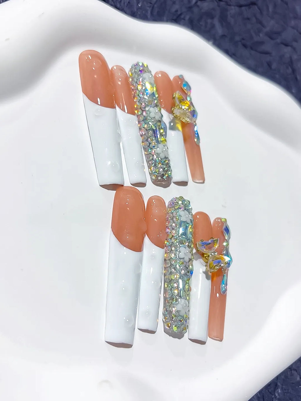 M046 - Long White Orange Square Solid color Flower Metallic Accent