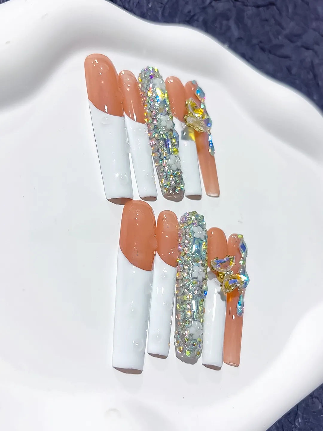M046 - Long White Orange Square Solid color Flower Metallic Accent