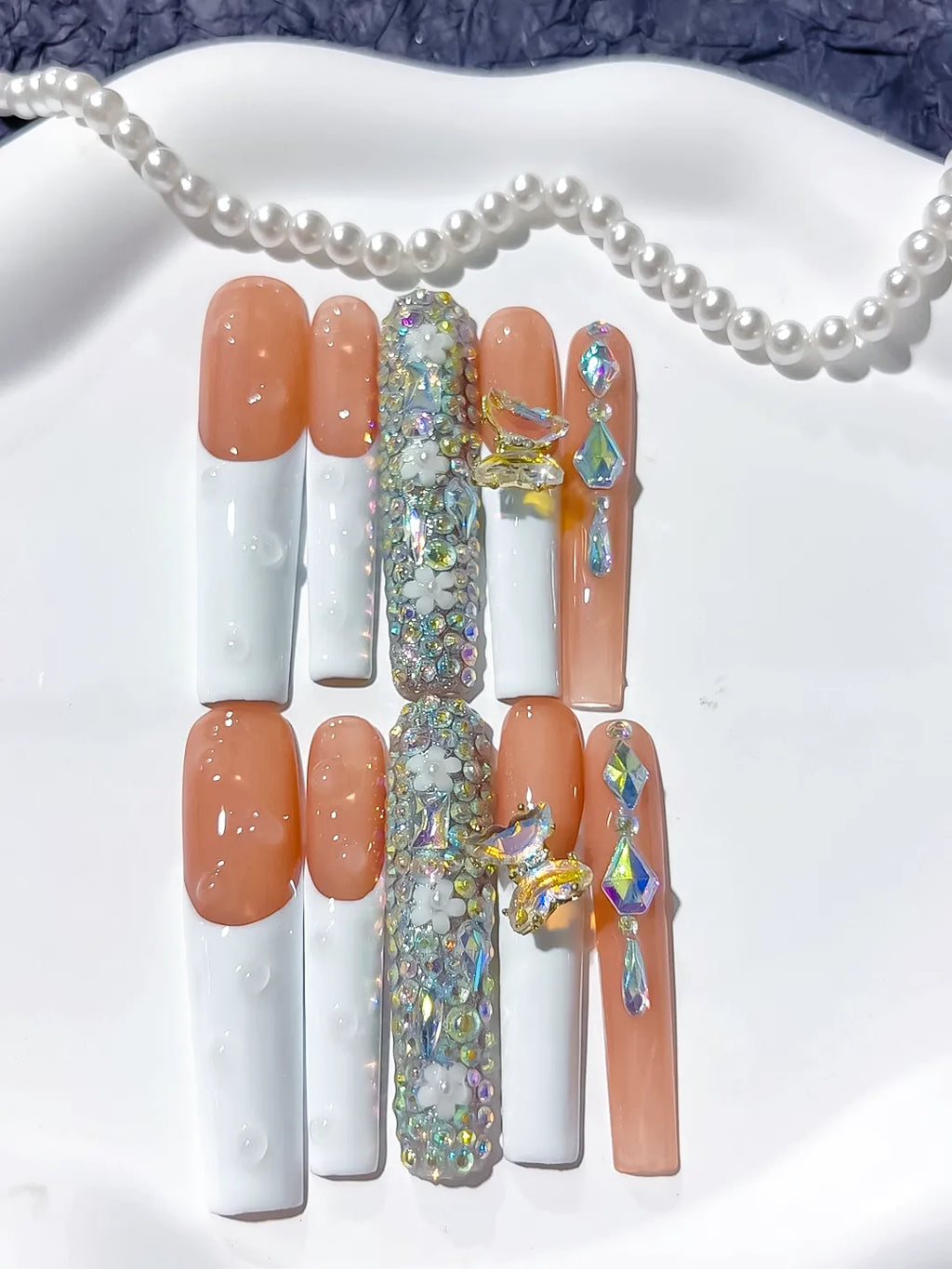 M046 - Long White Orange Square Solid color Flower Metallic Accent