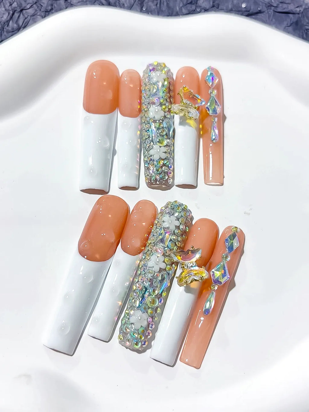M046 - Long White Orange Square Solid color Flower Metallic Accent