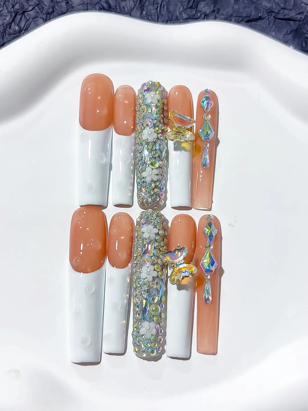 M046 - Long White Orange Square Solid color Flower Metallic Accent