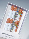 M046 - Long White Orange Square Solid color Flower Metallic Accent