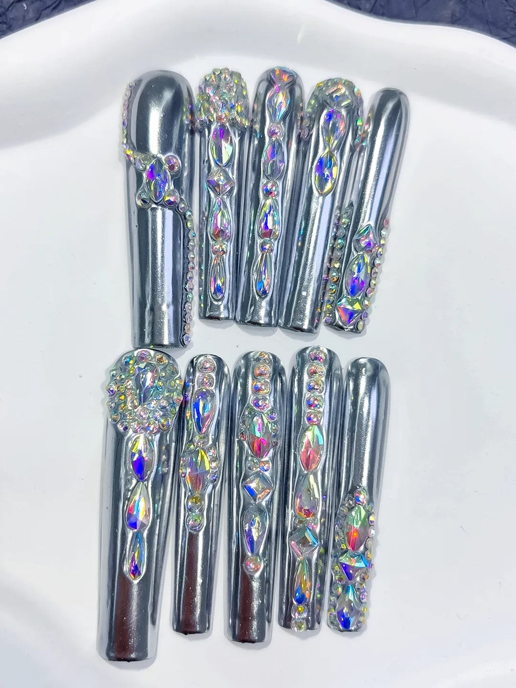 M047 - Long Silver Black Square Metallic Rhinestone Crystal Cluster