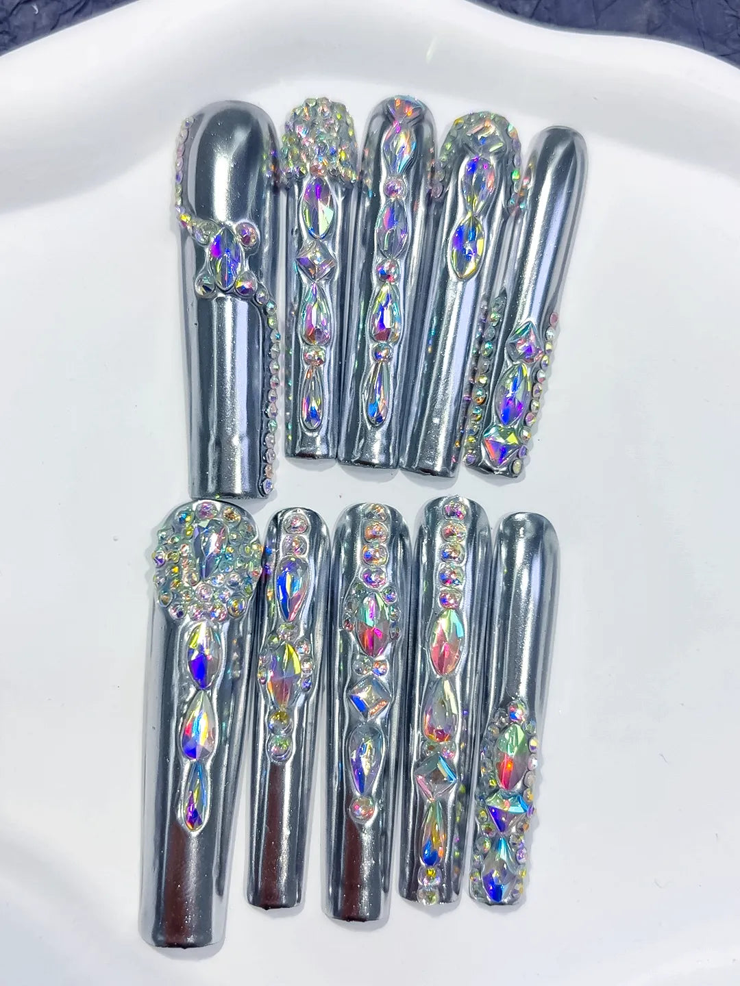 M047 - Long Silver Black Square Metallic Rhinestone Crystal Cluster
