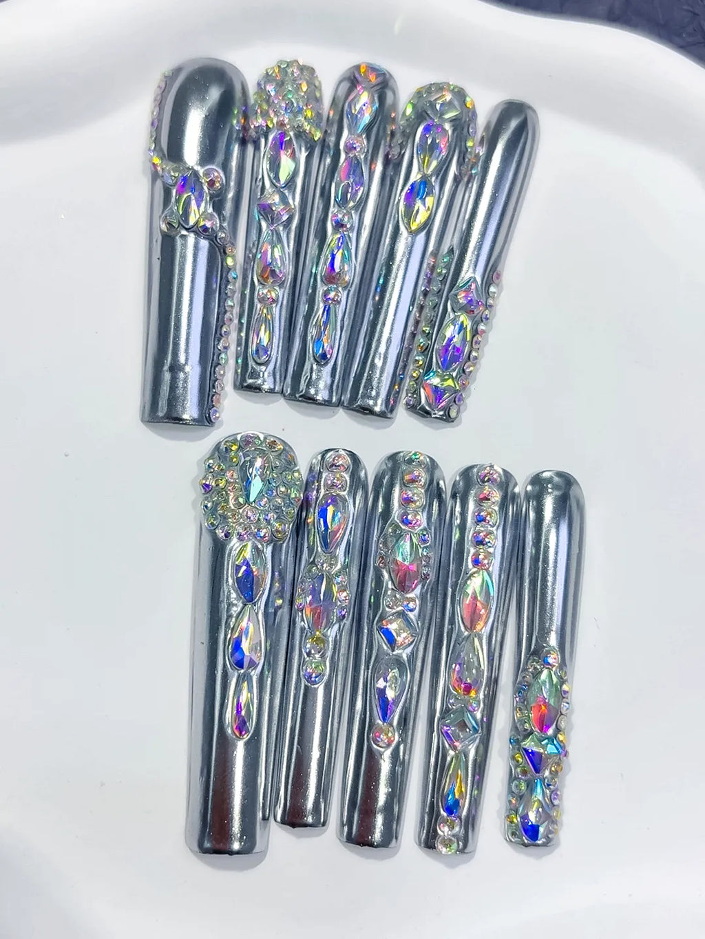 M047 - Long Silver Black Square Metallic Rhinestone Crystal Cluster