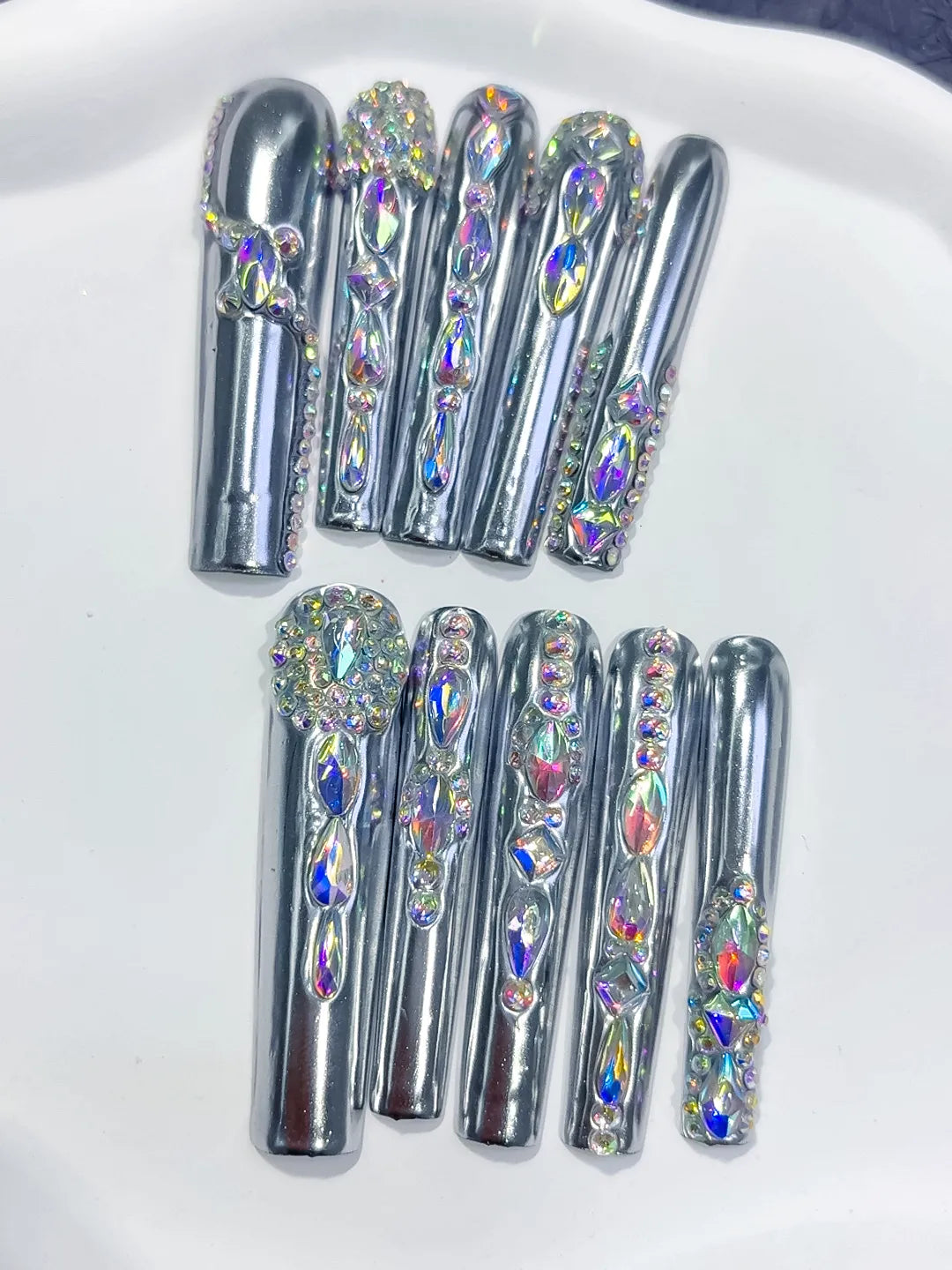 M047 - Long Silver Black Square Metallic Rhinestone Crystal Cluster
