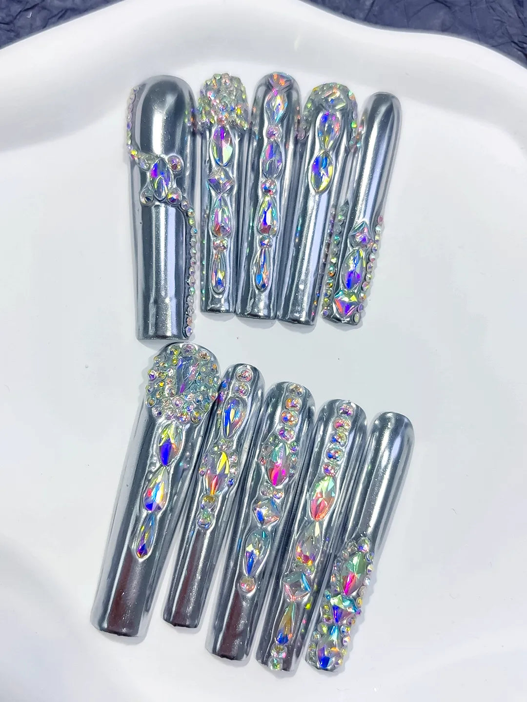 M047 - Long Silver Black Square Metallic Rhinestone Crystal Cluster