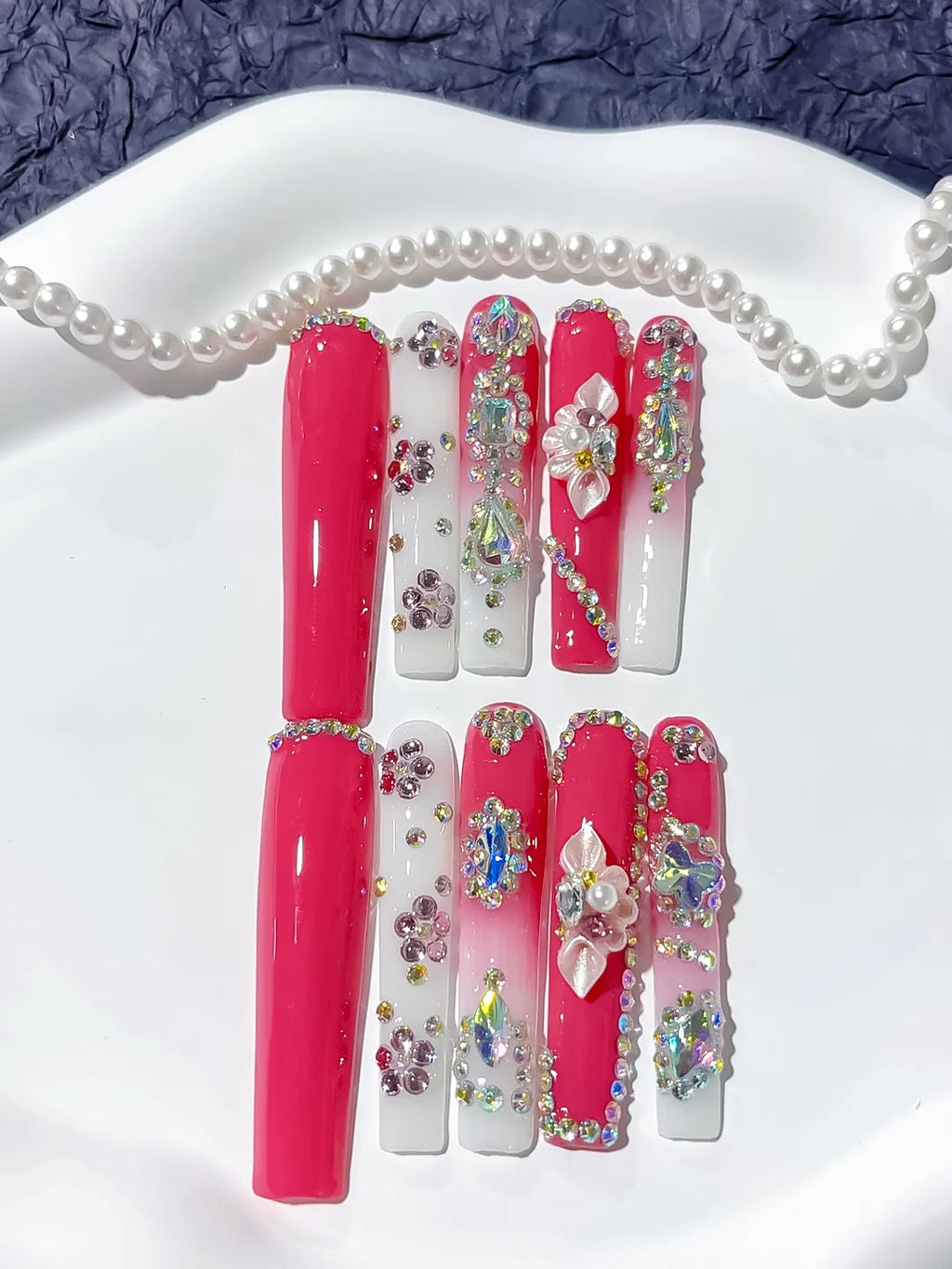 M054 - Long Red Silver Square Solid color Rhinestone Crystal Cluster