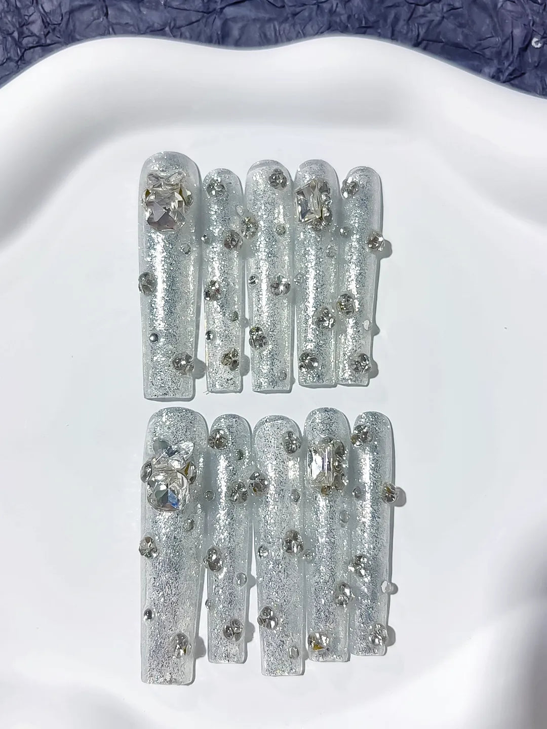 M055 - Long Silver Square Solid color Rhinestone Crystal Cluster
