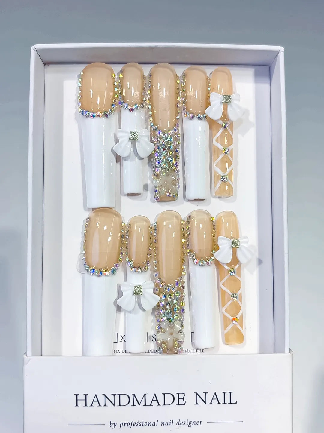 M057 - Long Nude White Square Solid color Rhinestone Metallic Accent