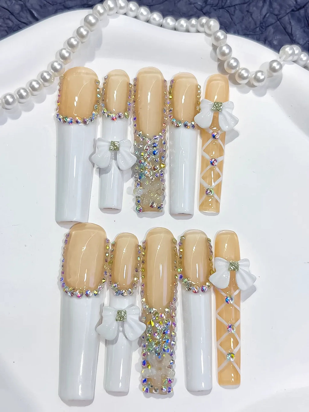 M057 - Long Nude White Square Solid color Rhinestone Metallic Accent