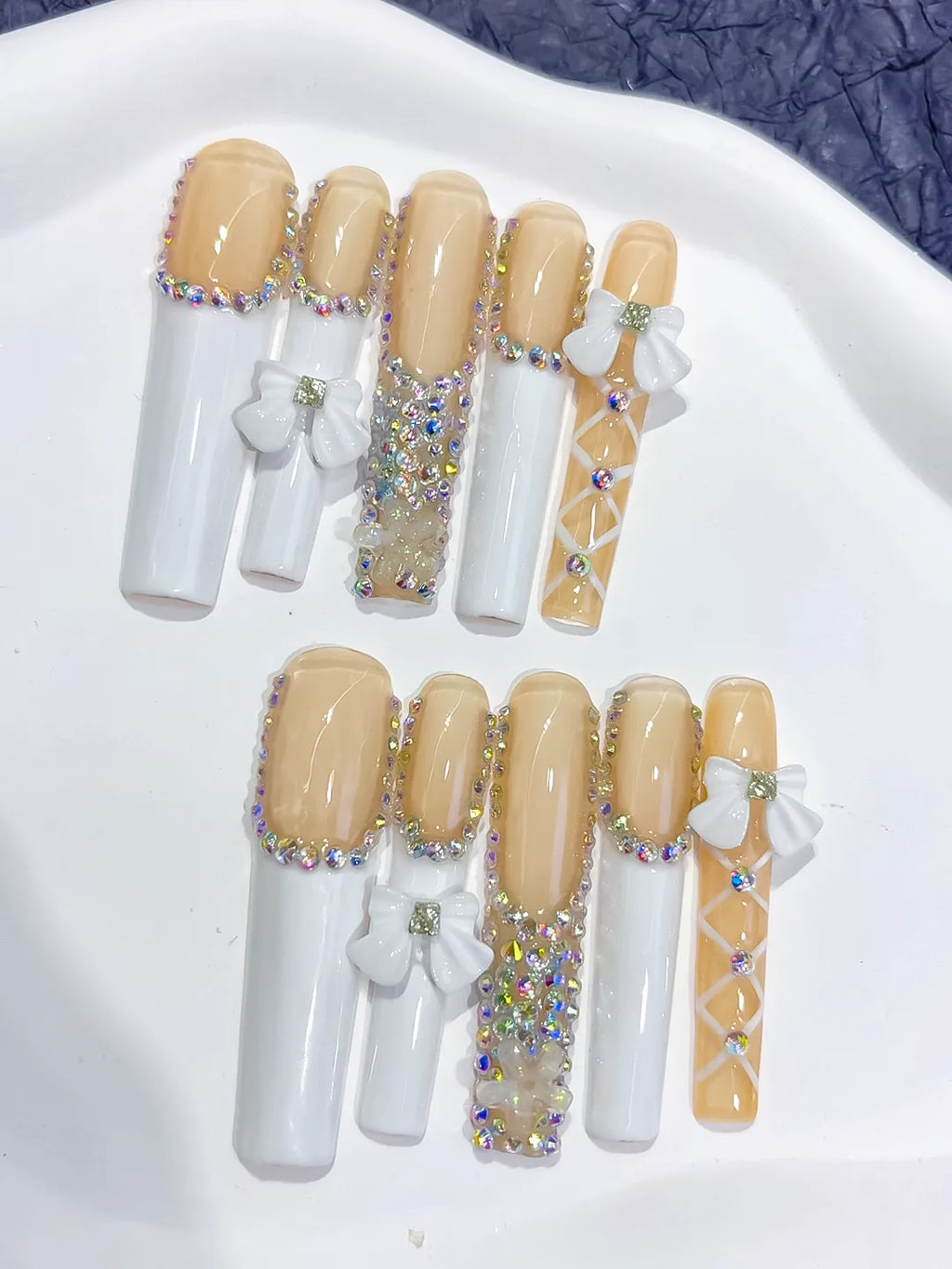 M057 - Long Nude White Square Solid color Rhinestone Metallic Accent