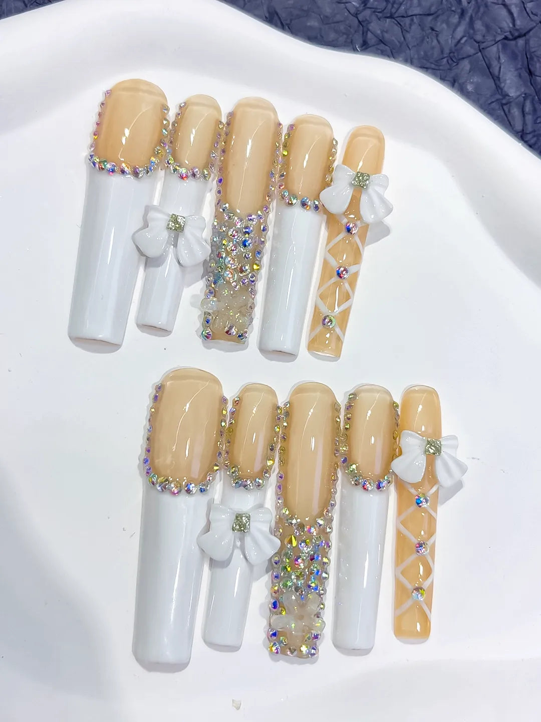 M057 - Long Nude White Square Solid color Rhinestone Metallic Accent