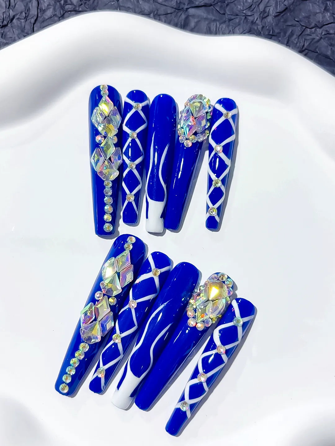 M058 - Long Blue Silver Coffin Abstract Linework Rhinestone
