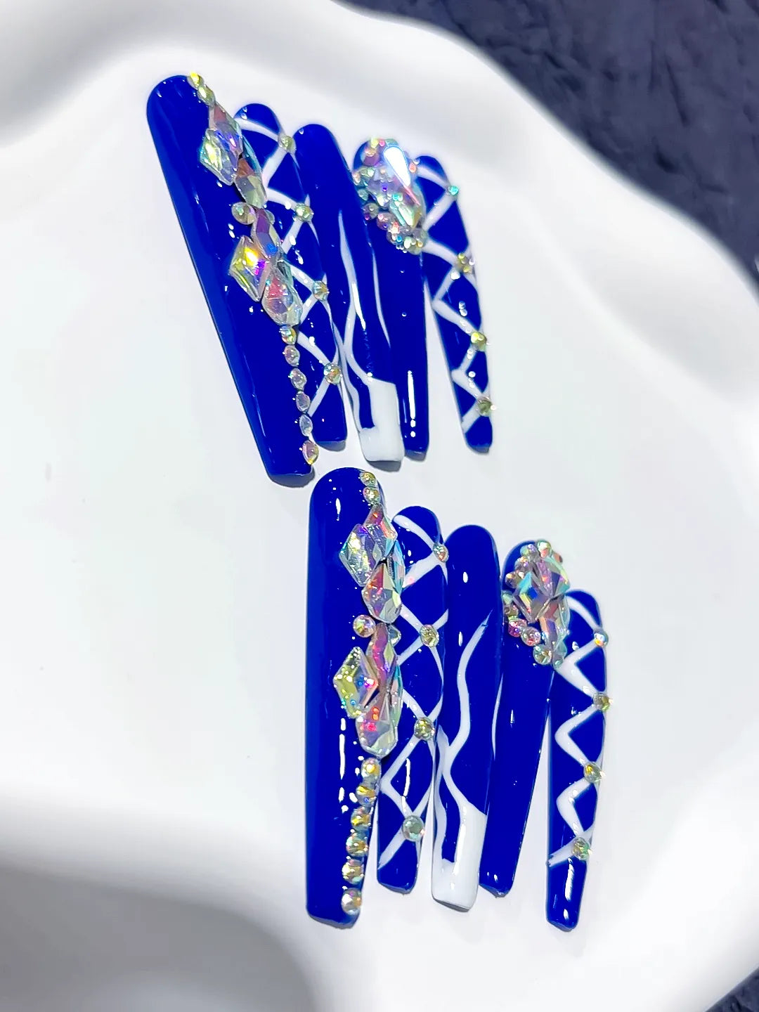 M058 - Long Blue Silver Coffin Abstract Linework Rhinestone