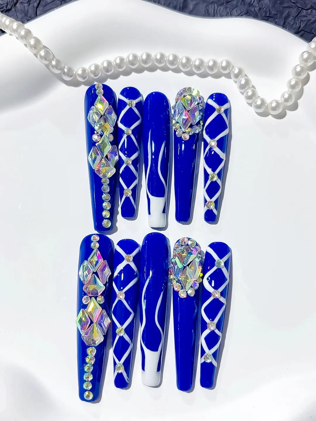 M058 - Long Blue Silver Coffin Abstract Linework Rhinestone