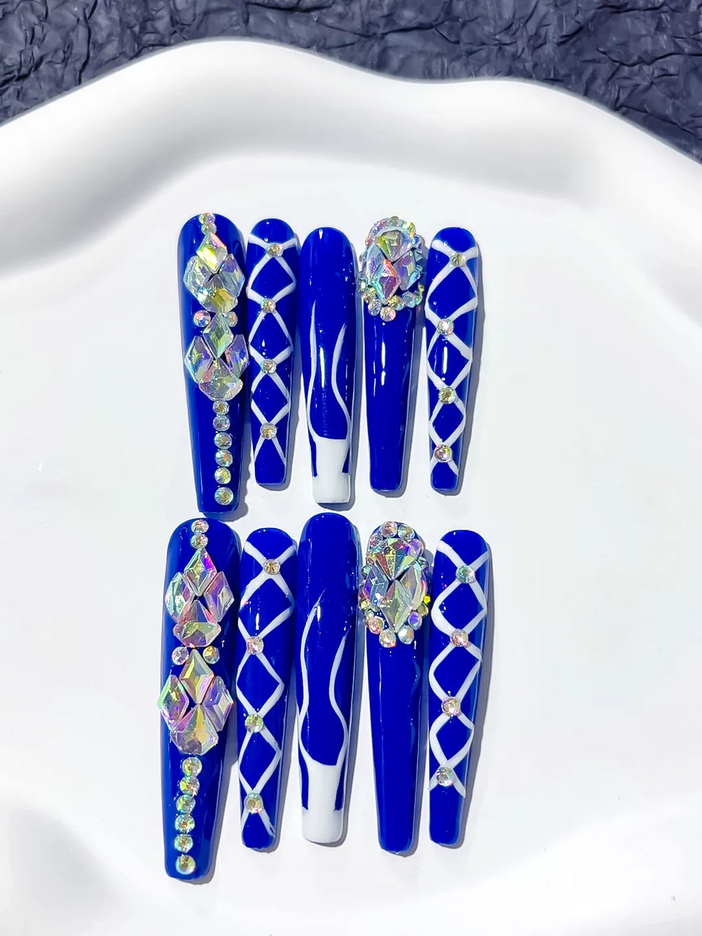 M058 - Long Blue Silver Coffin Abstract Linework Rhinestone