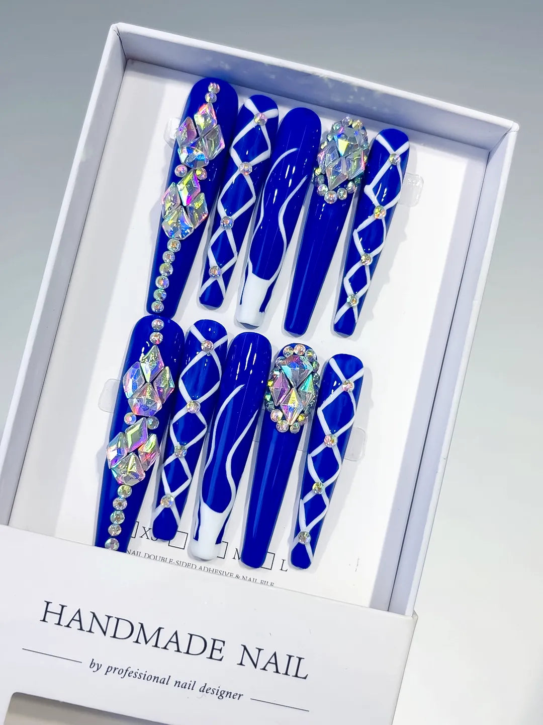 M058 - Long Blue Silver Coffin Abstract Linework Rhinestone