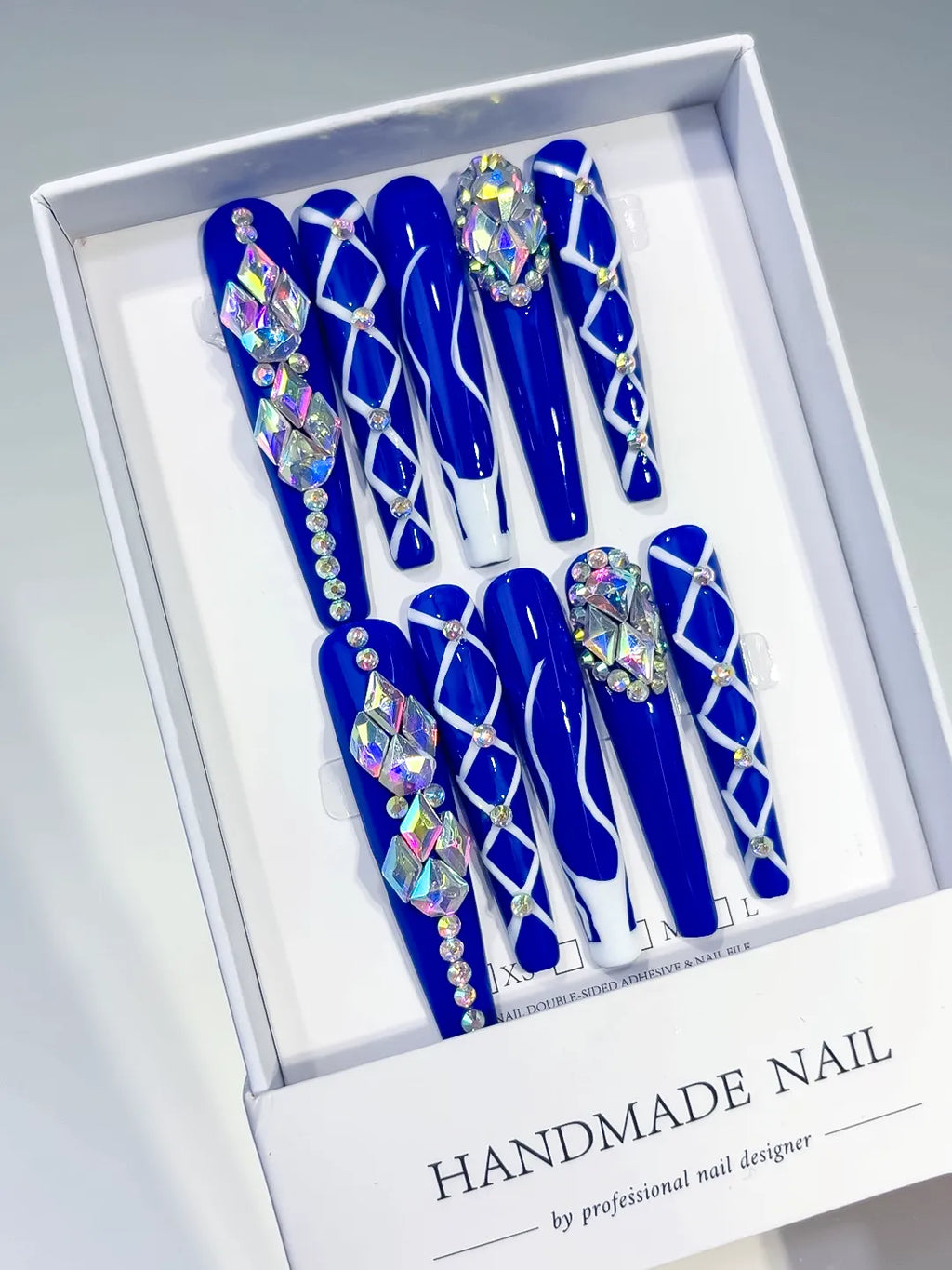 M058 - Long Blue Silver Coffin Abstract Linework Rhinestone