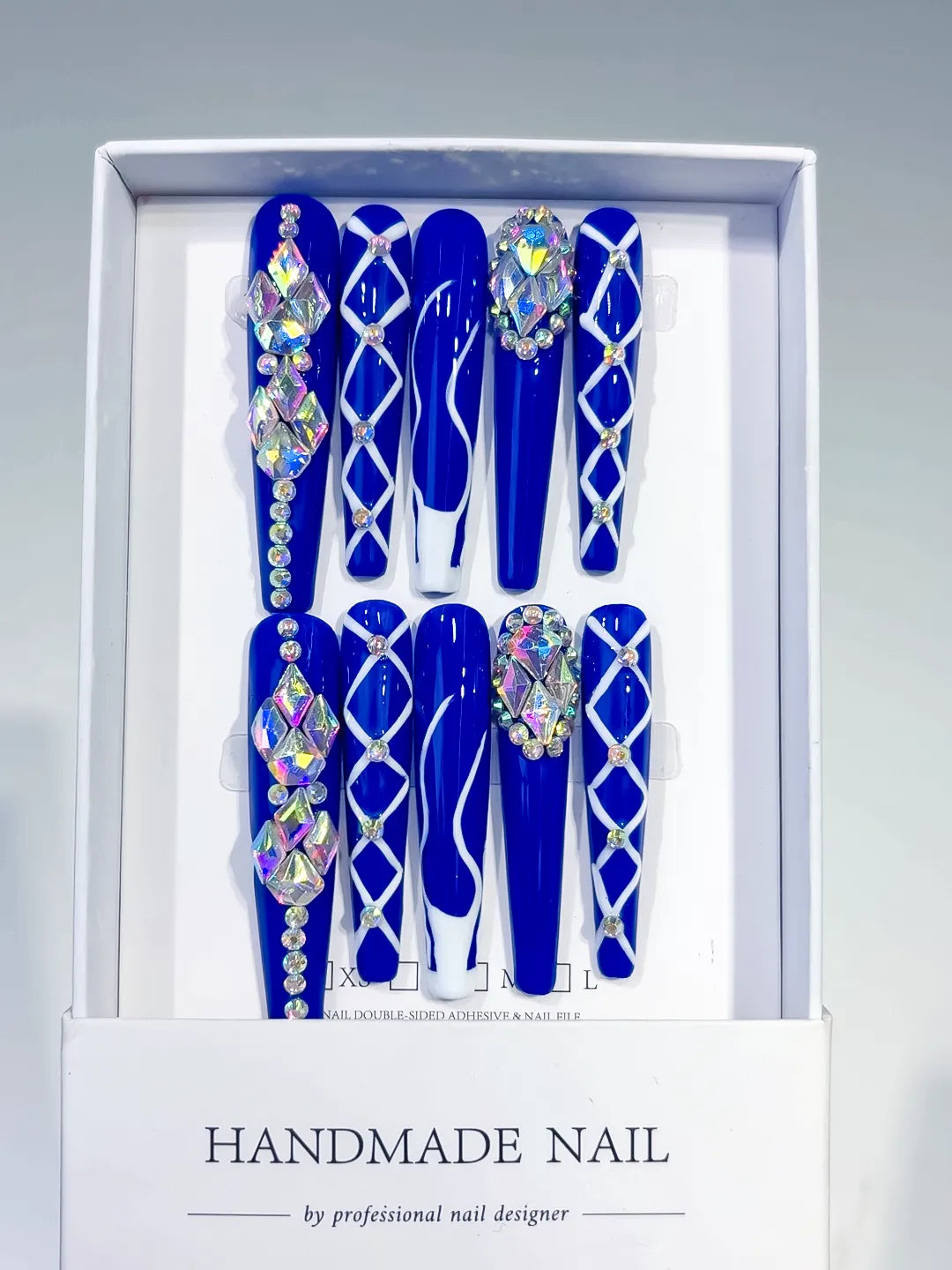 M058 - Long Blue Silver Coffin Abstract Linework Rhinestone