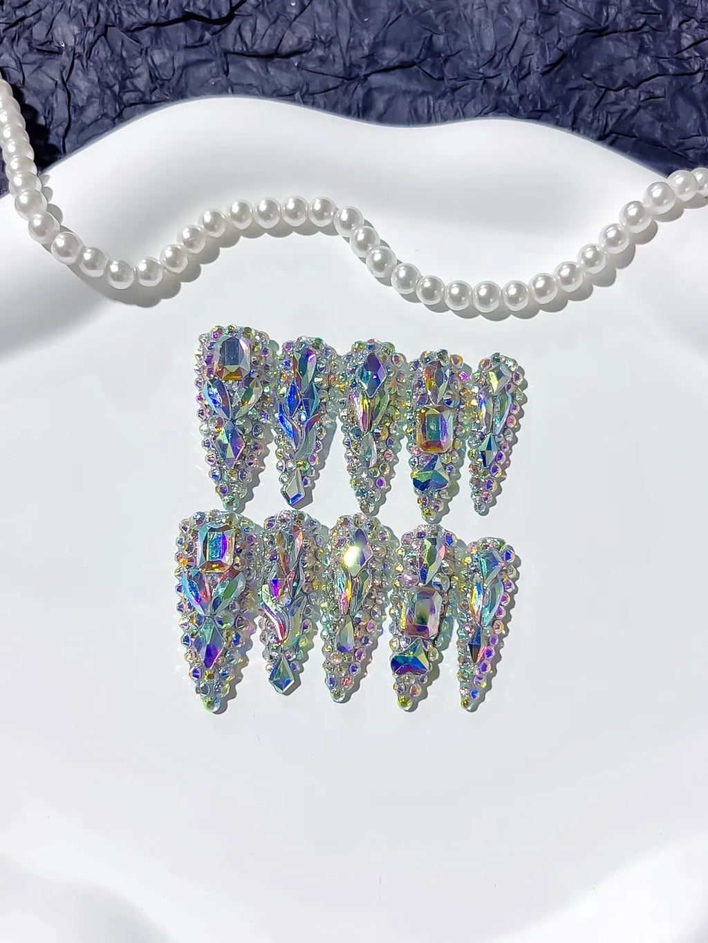 M059 - Long Silver Multicolor Stiletto Solid color Rhinestone Crystal Cluster