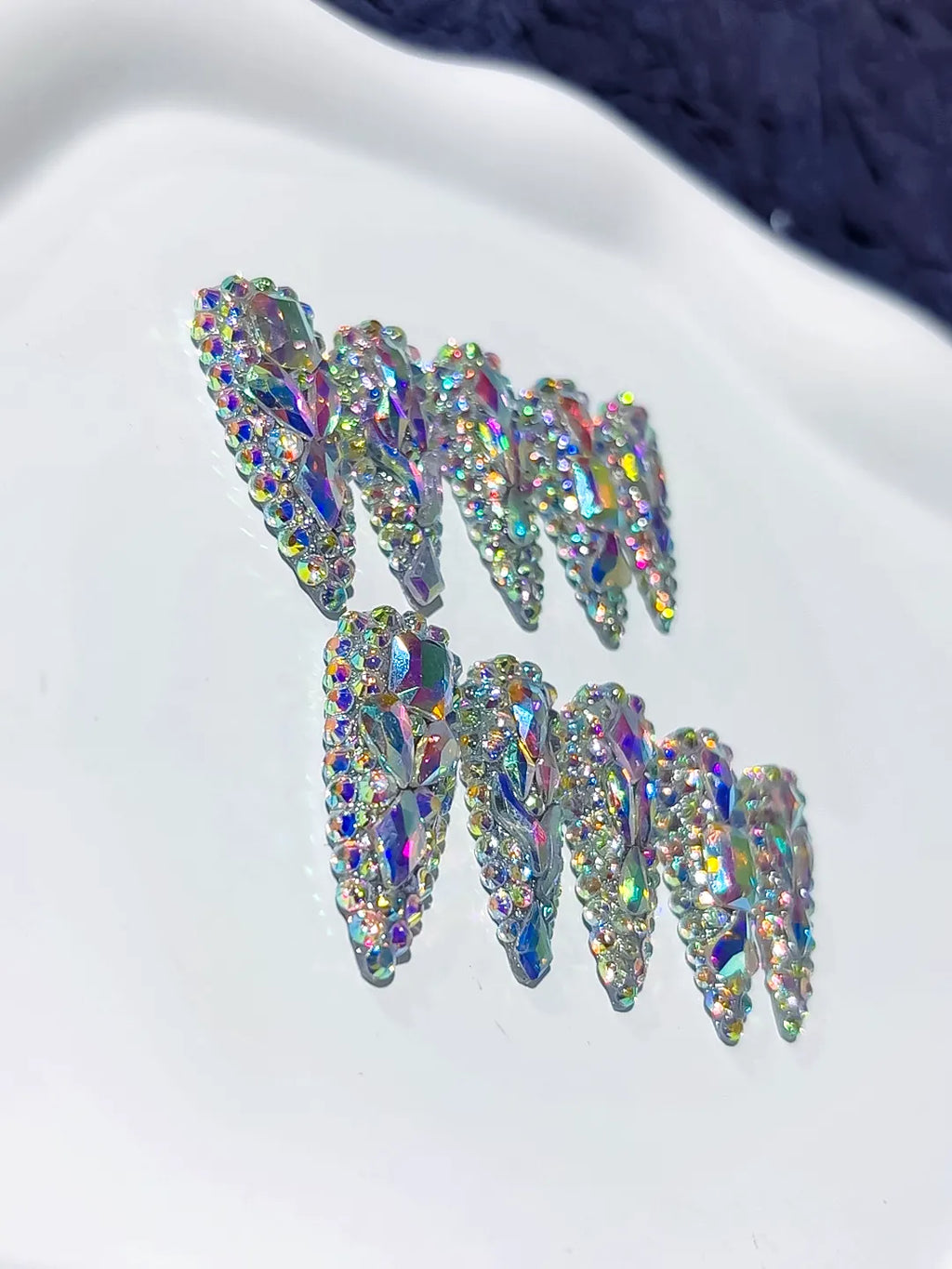 M059 - Long Silver Multicolor Stiletto Solid color Rhinestone Crystal Cluster