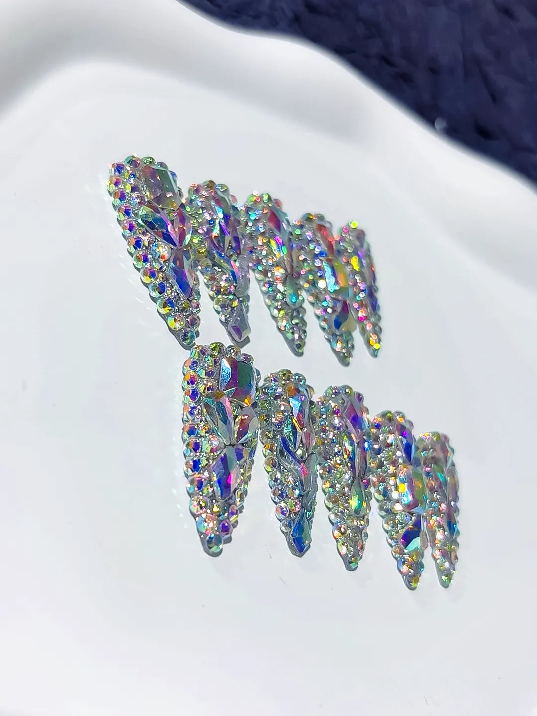 M059 - Long Silver Multicolor Stiletto Solid color Rhinestone Crystal Cluster