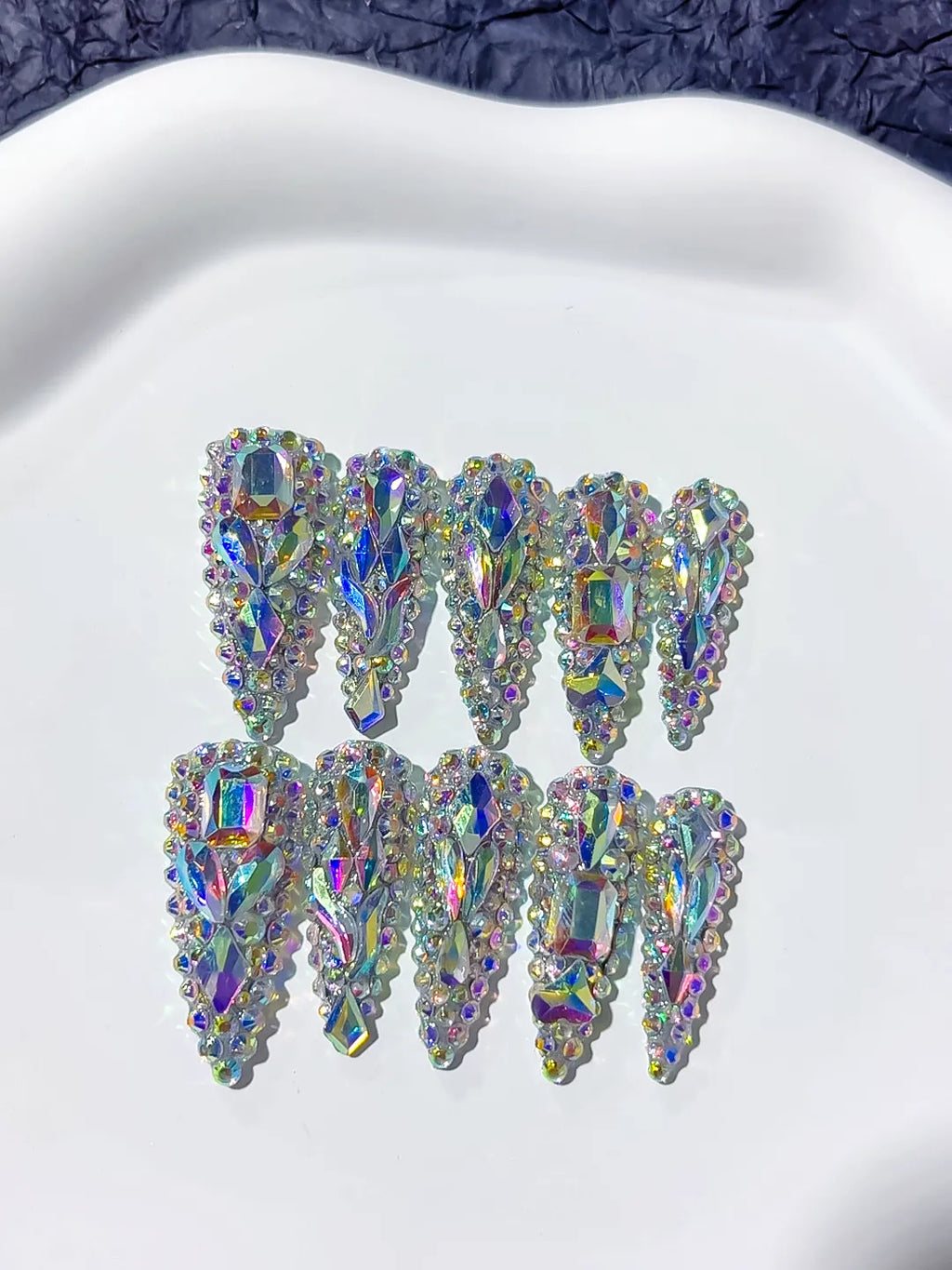 M059 - Long Silver Multicolor Stiletto Solid color Rhinestone Crystal Cluster