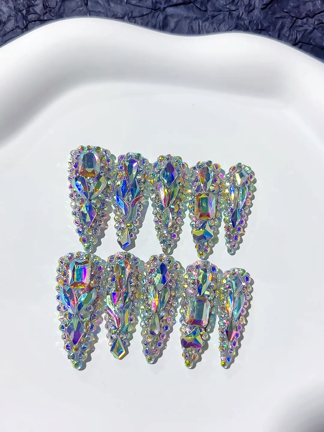 M059 - Long Silver Multicolor Stiletto Solid color Rhinestone Crystal Cluster