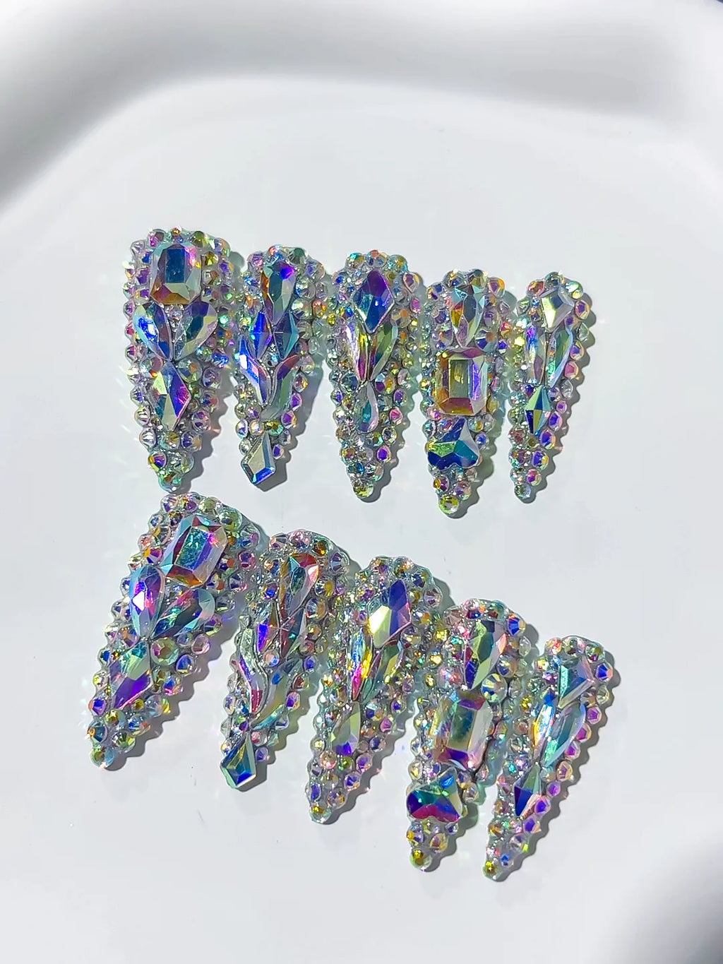 M059 - Long Silver Multicolor Stiletto Solid color Rhinestone Crystal Cluster