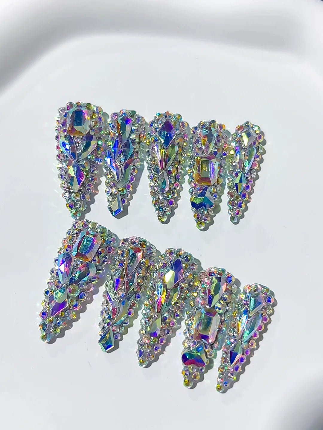 M059 - Long Silver Multicolor Stiletto Solid color Rhinestone Crystal Cluster