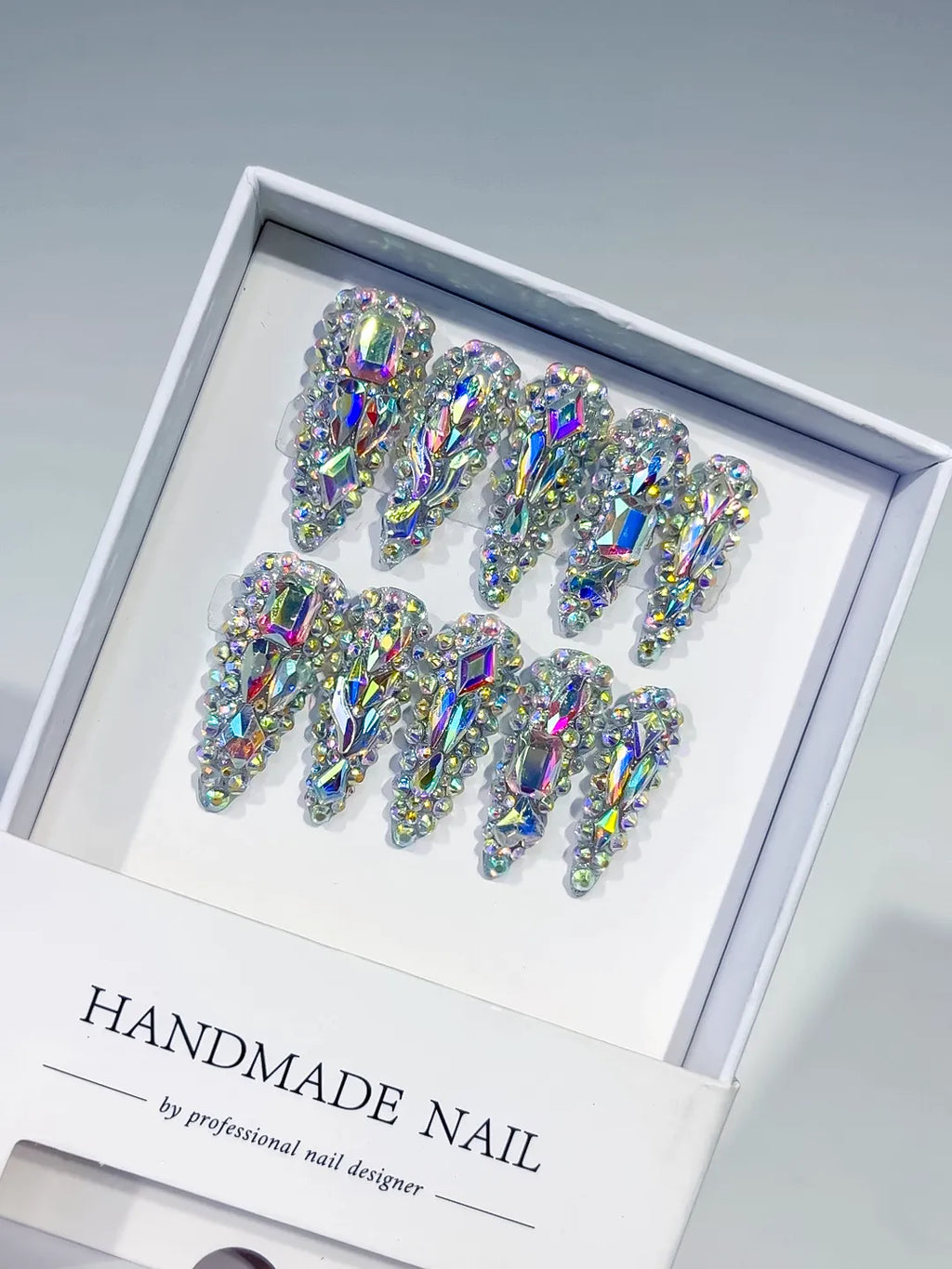 M059 - Long Silver Multicolor Stiletto Solid color Rhinestone Crystal Cluster