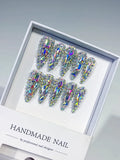 M059 - Long Silver Multicolor Stiletto Solid color Rhinestone Crystal Cluster