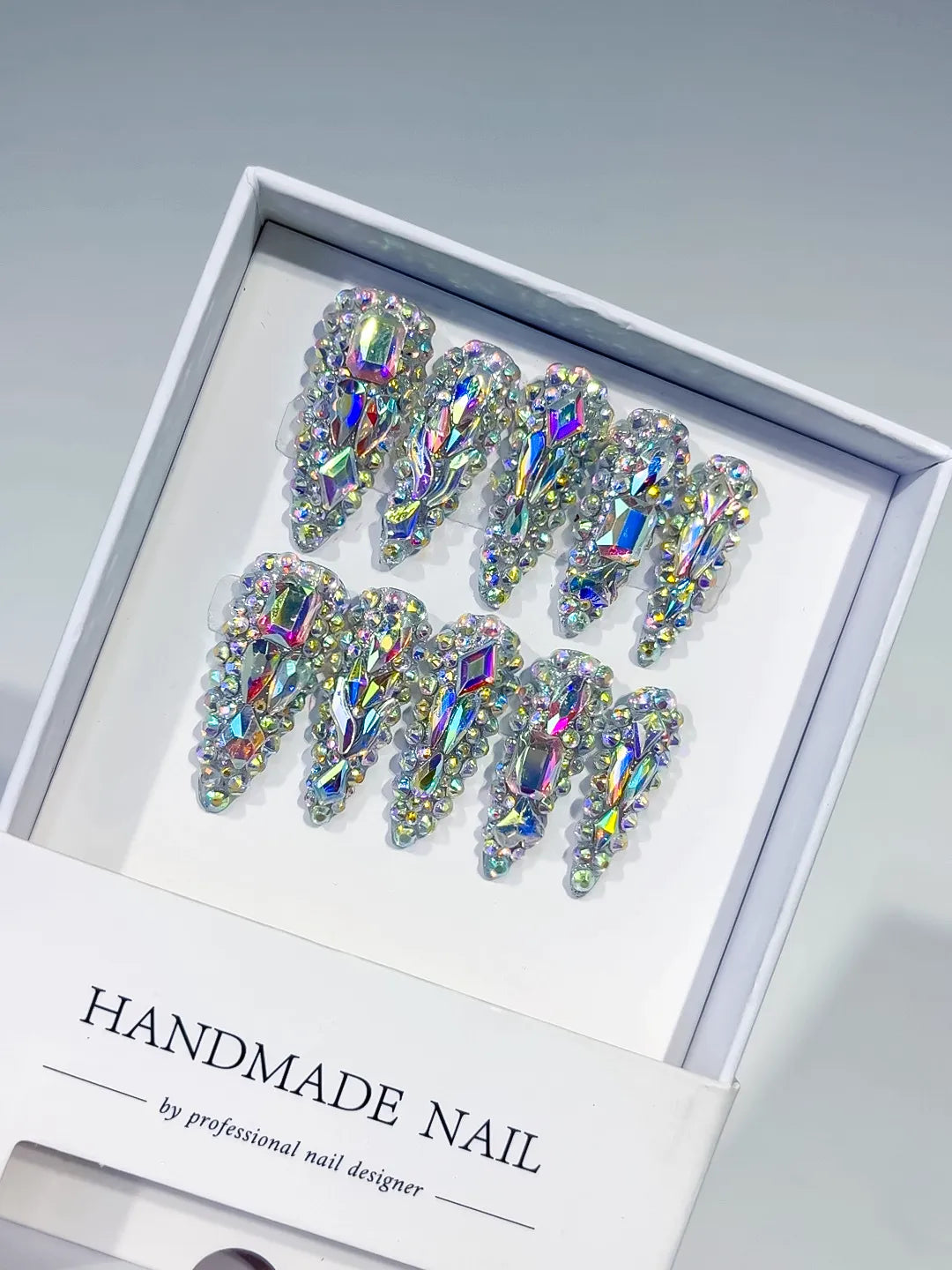M059 - Long Silver Multicolor Stiletto Solid color Rhinestone Crystal Cluster