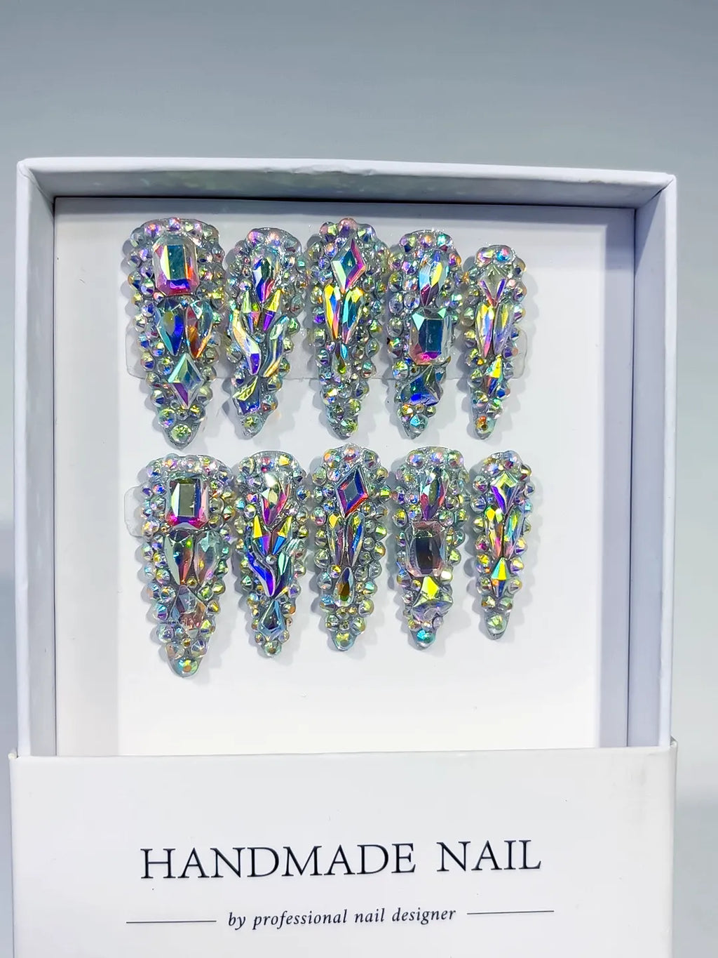 M059 - Long Silver Multicolor Stiletto Solid color Rhinestone Crystal Cluster