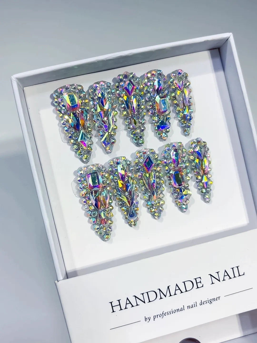 M059 - Long Silver Multicolor Stiletto Solid color Rhinestone Crystal Cluster