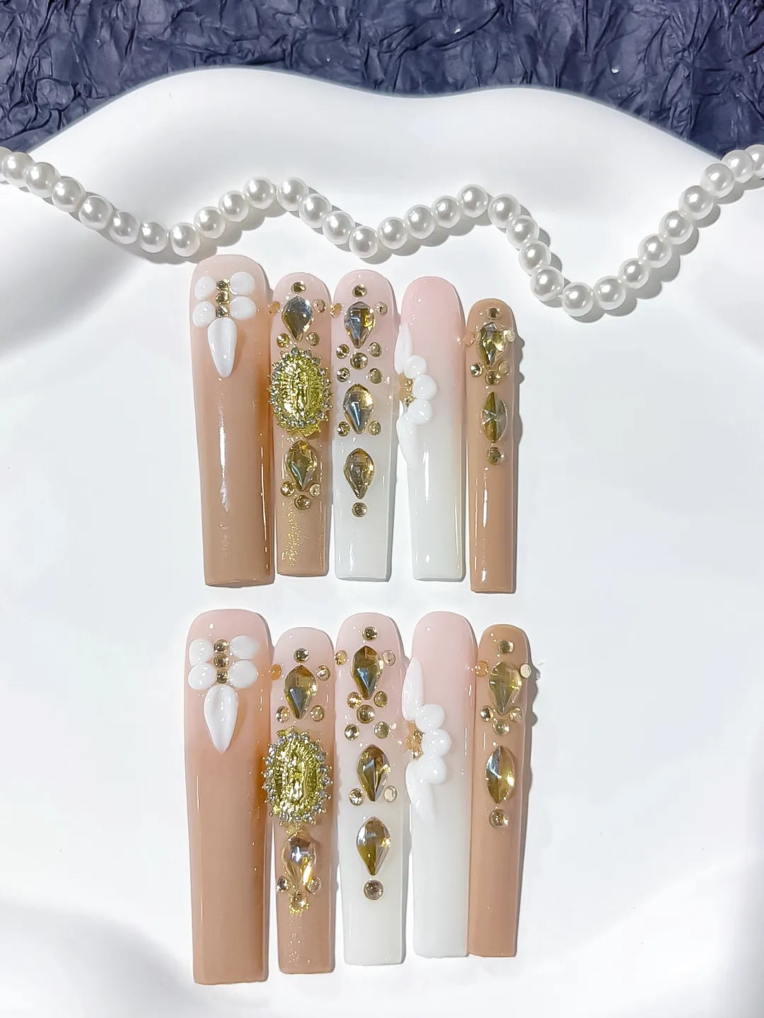 M060 - Long Nude White Square Solid color Flower Rhinestone
