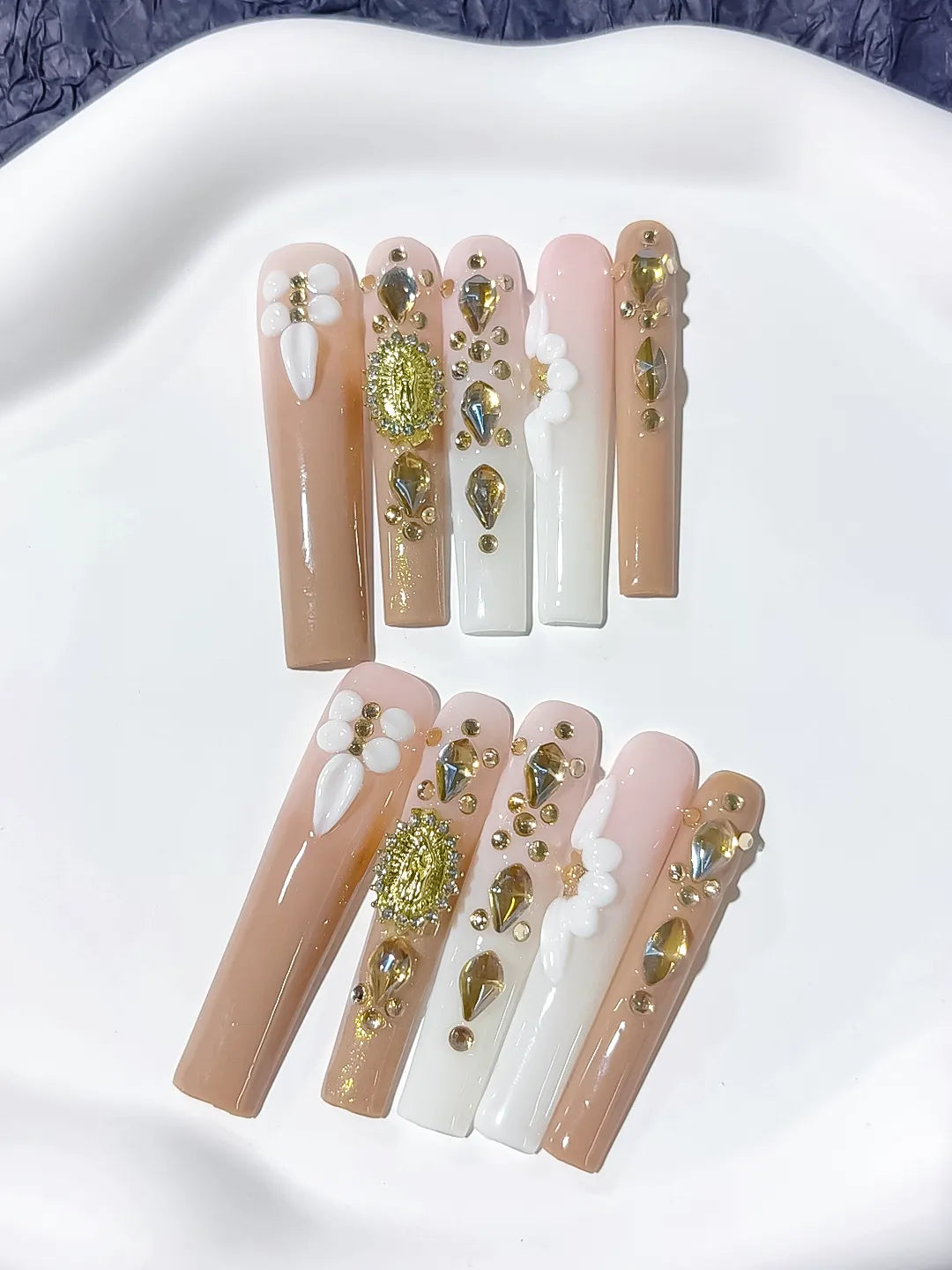 M060 - Long Nude White Square Solid color Flower Rhinestone
