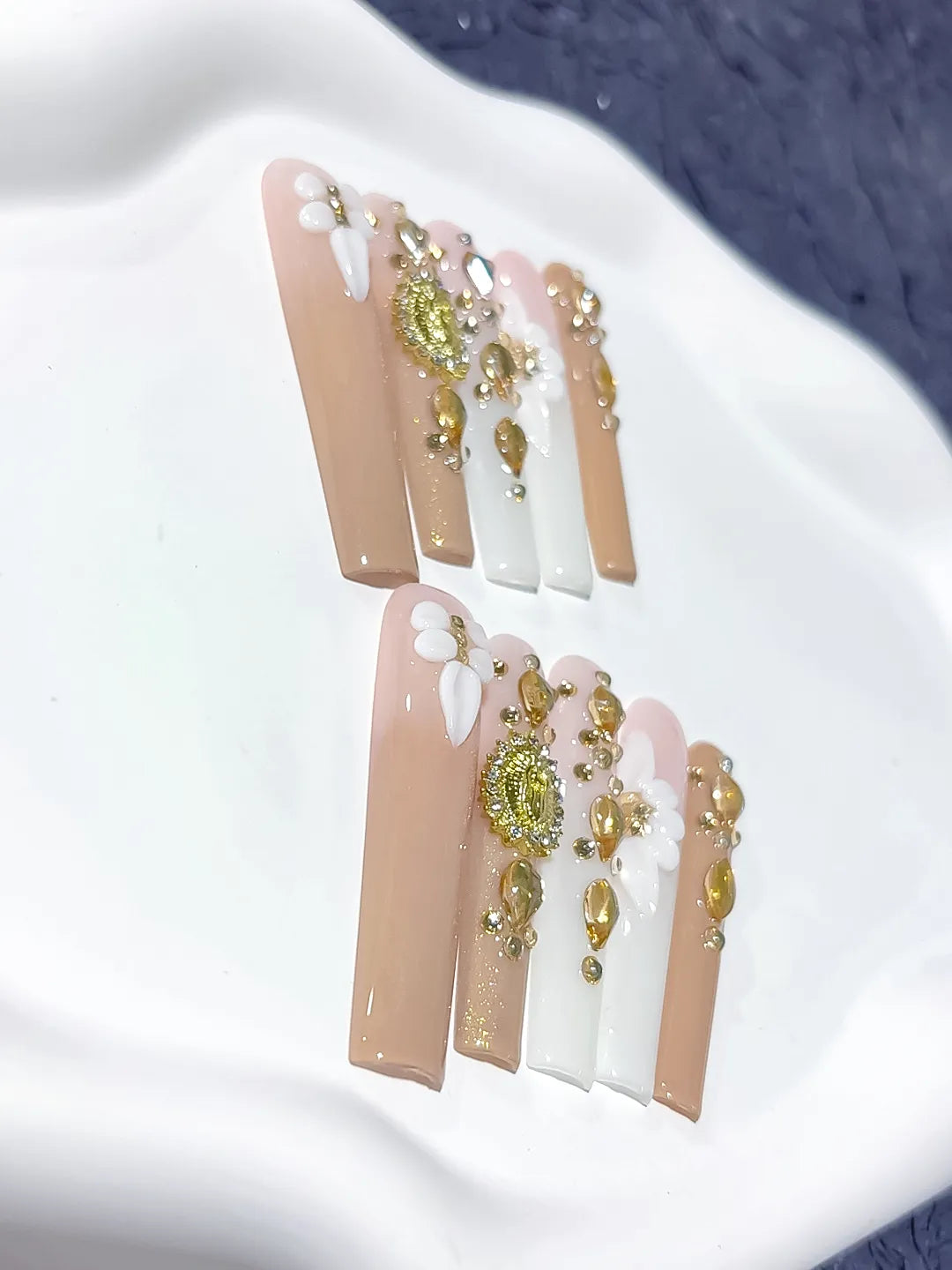 M060 - Long Nude White Square Solid color Flower Rhinestone